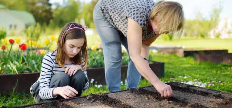 Cute young girl helping her grandmother to plant seedlings in a garden on her checklist of April To-Dos for homeowners.
