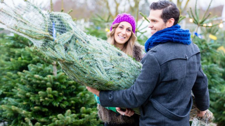 Couple carrying a real Christmas tree they just purchased for their home.