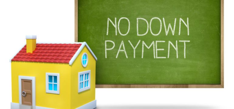 No down payment written on a green blackboard with a 3D model house.