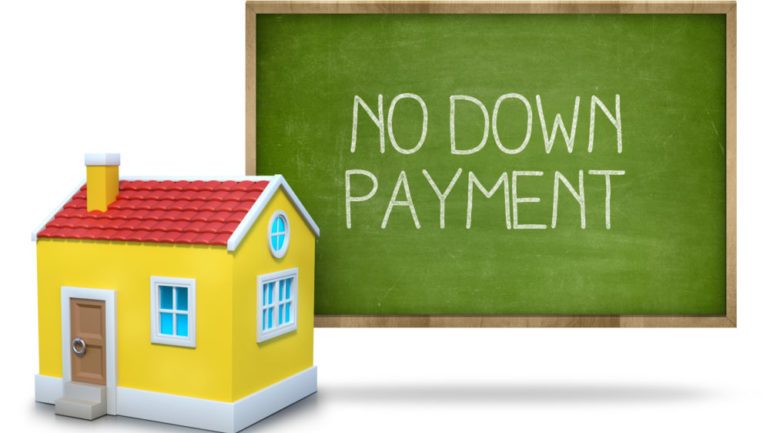 No down payment written on a green blackboard with a 3D model house.