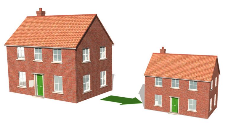 Replica of downsizing a house from large property to small.