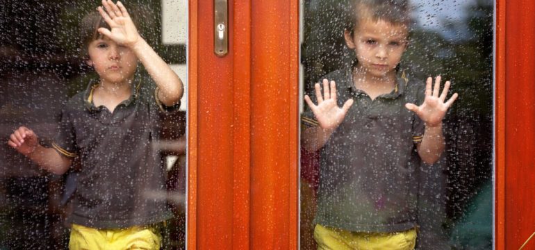 Two little boys wearing the same clothes looking through big glass storm and screen doors at the rain outside.