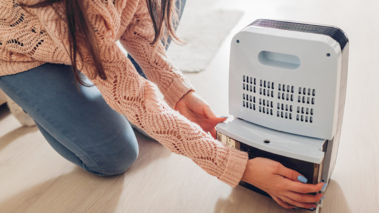 Woman changing water container of dehumidifier at home. Dampness in apartment can be removed with home dehumidifiers.