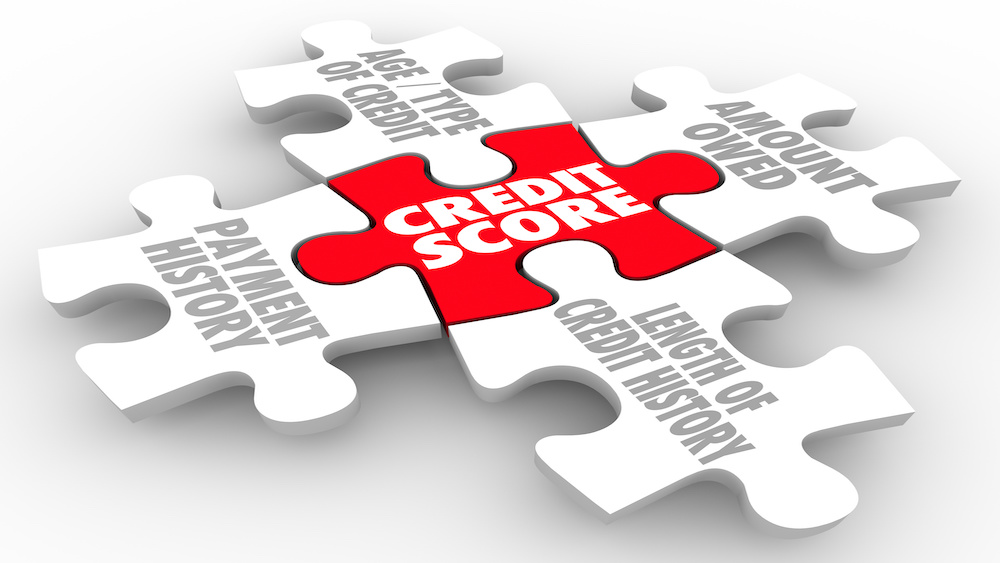 Credit Score words on puzzle pieces as factors in your rating and building a credit history.