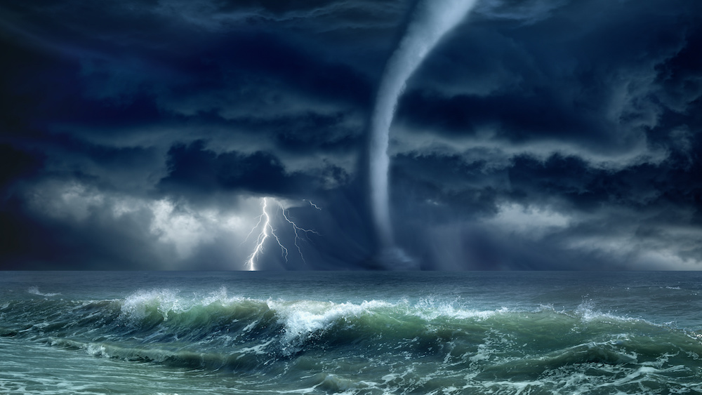 Natural disaster force background - huge tornado, bright lightning in dark stormy sky, stormy sea, and big waves.