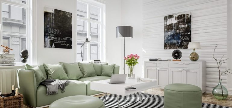 Bright apartment with grass green and white furniture that shows landlords how attractive a space can be if you decide to furnish your rental property.