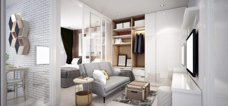 The modern micro unit living room and dining room.