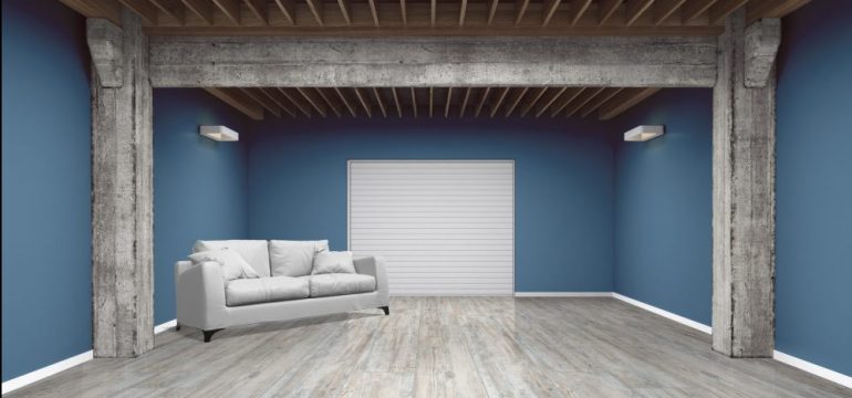 Empty garage with sofa on white background. An illustration of residential garage conversions to livable space.
