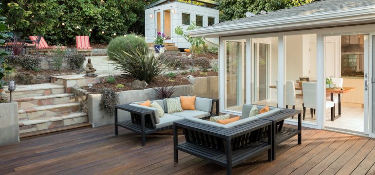 Amazing wood deck and furniture at private home.