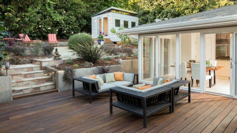 Amazing wood deck and furniture at private home.