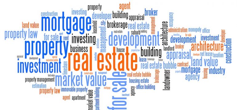 Real estate terminology word cloud illustration. A real estate terms collage concept..