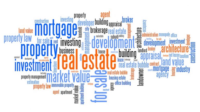 Real estate terminology word cloud illustration. A real estate terms collage concept..