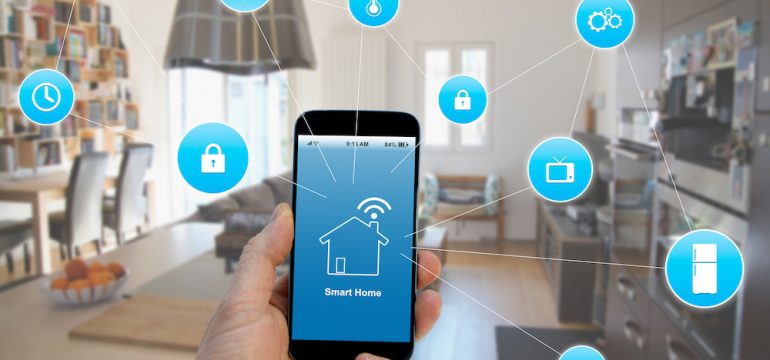 Smart home devices concept, smartphone with smart home applications on screen.
