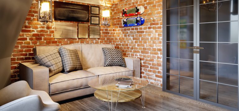 Urban contemporary loft living room. Interior design on with gray and red brick wall.