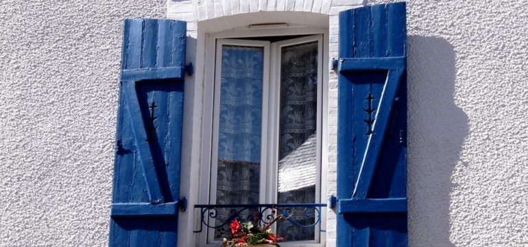 Window with blue shutters and window box with red flowers.