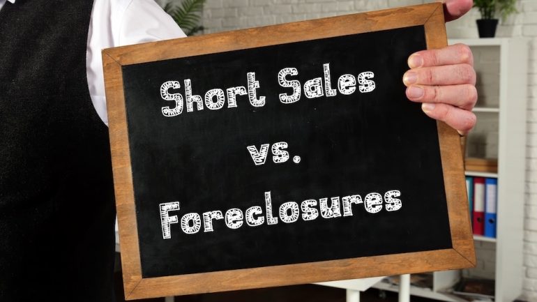 Blackboard reading, Short Sales vs. Foreclosures to describe concept of differences between distressed properties.