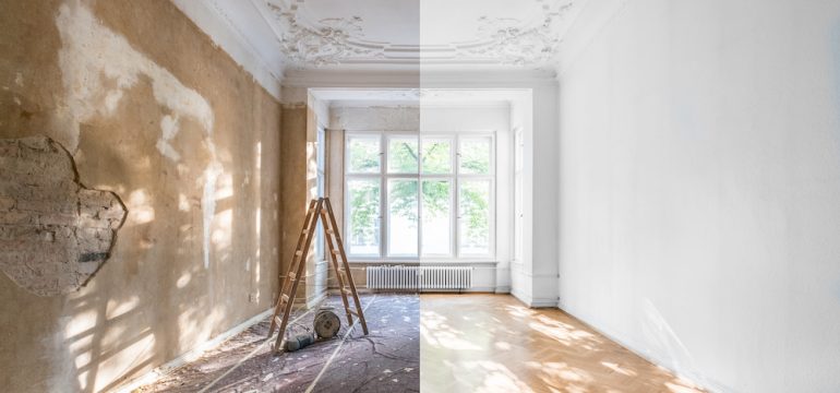 An apartment renovation - empty room before and after repairs and renovations.