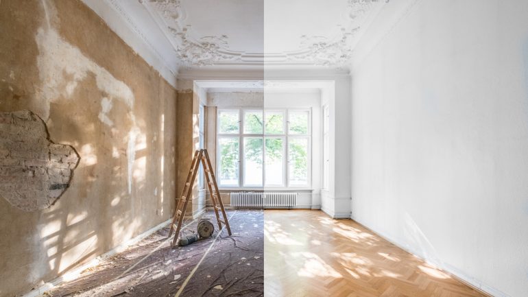 An apartment renovation - empty room before and after repairs and renovations.