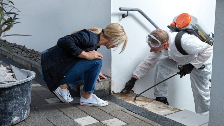 Pest controller explains something to a customer as part of pest inspections for a home sale.