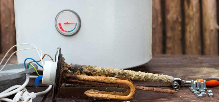 A broken water heater with heating elements, on wooden background.