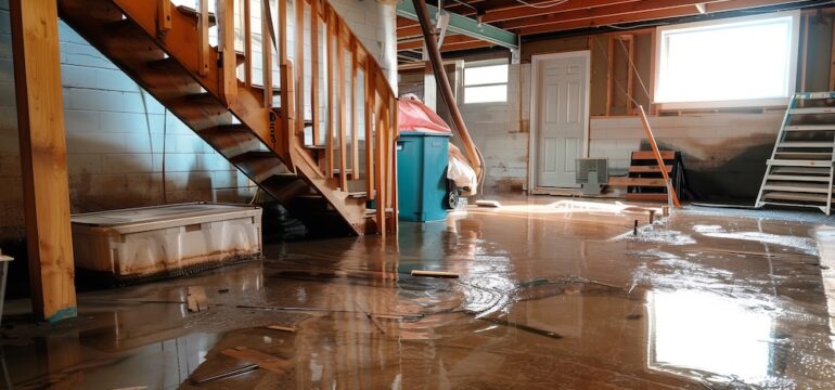 Basement with standing water due to sump pump failure. Visible water damage, debris, and reflections on the flooded floor. Piles of miscellaneous items and construction materials in view.