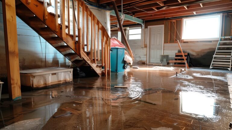 Basement with standing water due to sump pump failure. Visible water damage, debris, and reflections on the flooded floor. Piles of miscellaneous items and construction materials in view.