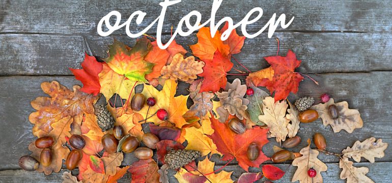 Fall background with text "October" and colourful leaves over wooden board.