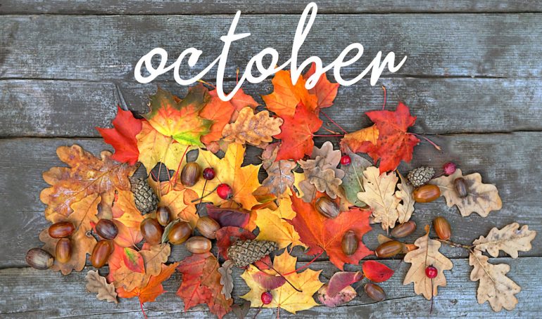 Fall background with text "October" and colourful leaves over wooden board.