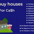 "Cash for Houses" advertisement on blue background with selling points listed.