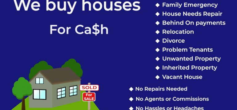 "Cash for Houses" advertisement on blue background with selling points listed.