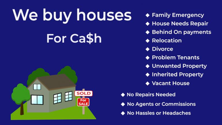 "Cash for Houses" advertisement on blue background with selling points listed.