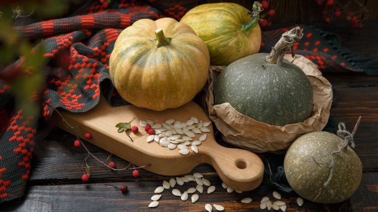 Different pumpkins on wooden background. Gathering food for the holidays.