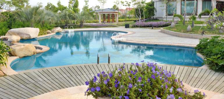Inground swimming pool with landscaping around the backyard.