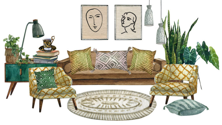 Interior background with mid century modern furniture with mixture of patterns and prints.