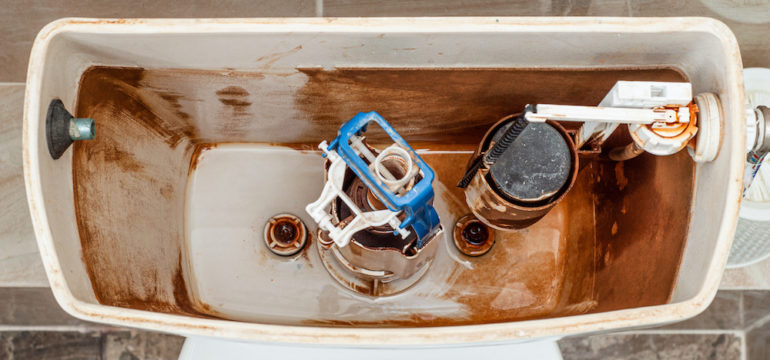 Top view on the inside of the toilet flushes tank. Float and fittings of the toilet flush mechanism.