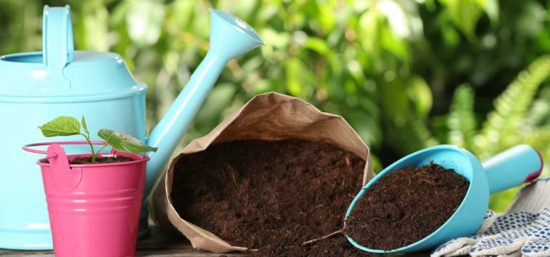Composition with bag of soil and gardening equipment on wooden table against blurred background.