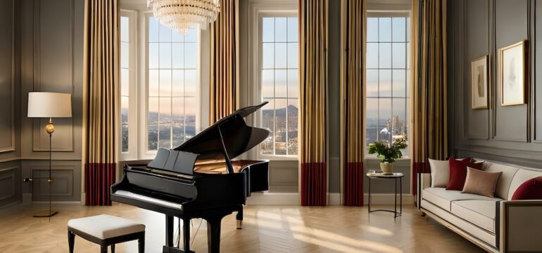 Photo of a black baby grand piano in a formal living room decorated with beige tones.