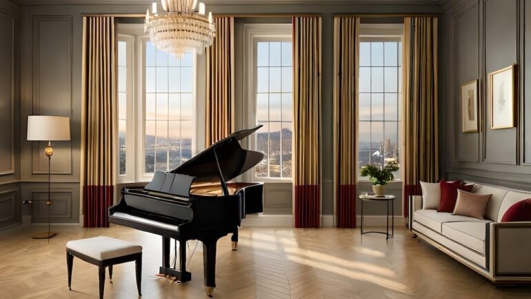 Photo of a black baby grand piano in a formal living room decorated with beige tones.