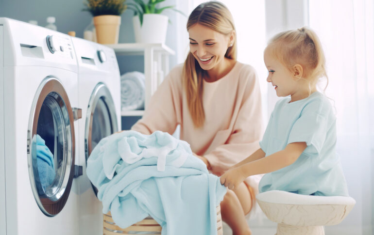 Mother and cute daughter doing laundry showing age-appropriate chores for kids.