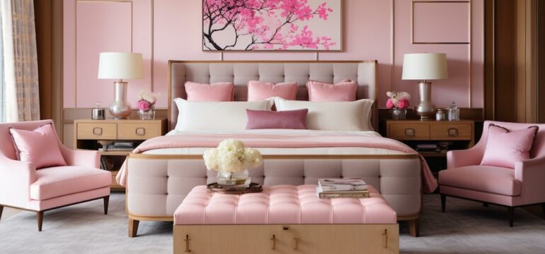 A luxury bedroom with Barbiecore interior design showcasing pink and white elements.