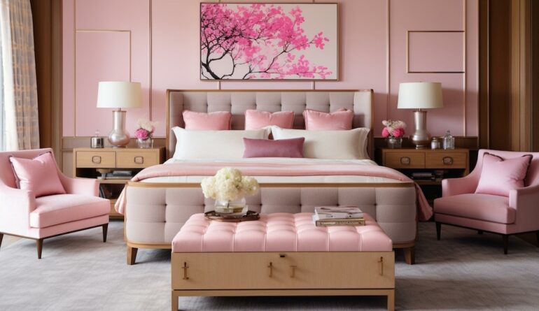 A luxury bedroom with Barbiecore interior design showcasing pink and white elements.