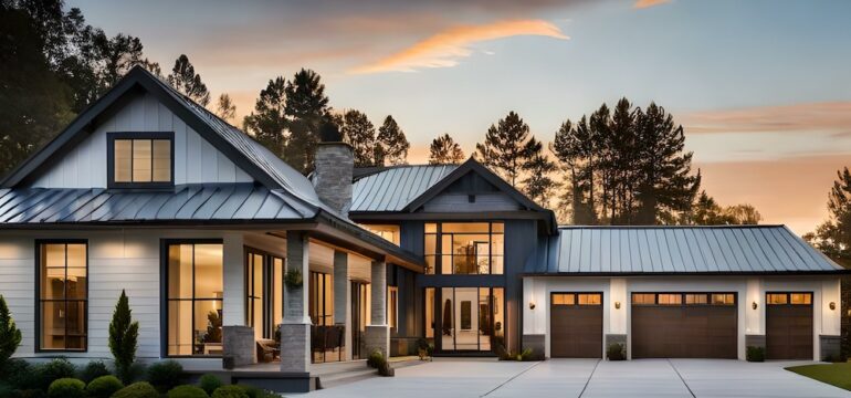 Beautiful modern farmhouse style luxury home exterior at twilight.