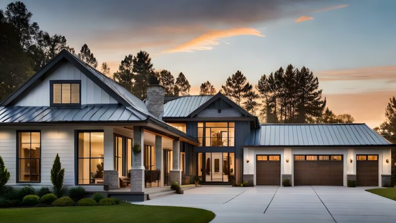Beautiful modern farmhouse style luxury home exterior at twilight.