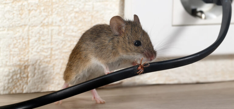 Closeup of a mouse gnawing wire in a house near the wall and electrical outlet.