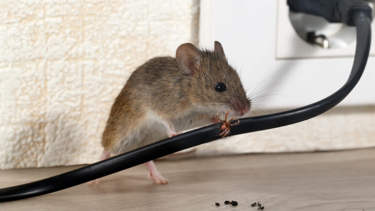 Closeup of a mouse gnawing wire in a house near the wall and electrical outlet.