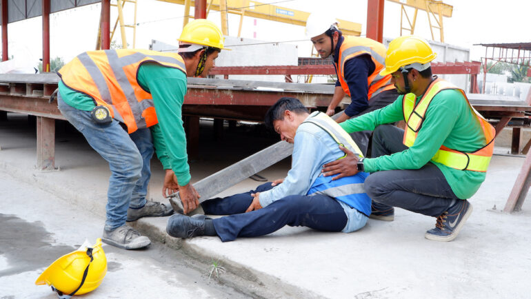 Male engineer injured in leg accident. Shows what it means to hire a licensed, bonded, and insured contractor.