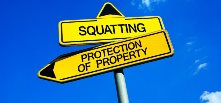 Squatters' rights vs Protection of Property - Traffic sign with two options: squatting vs. protection of property/