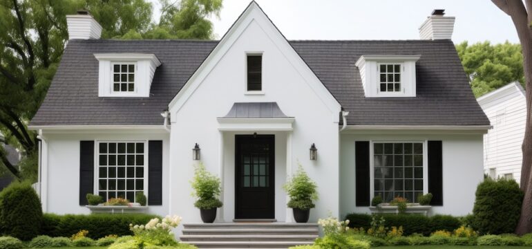 Cape Cod architectural style. White Cape Cod exterior home design with black trim during the daytime.