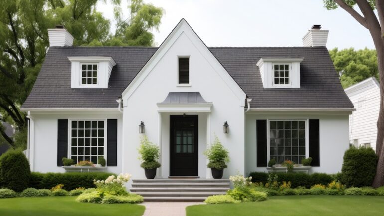 Cape Cod architectural style. White Cape Cod exterior home design with black trim during the daytime.