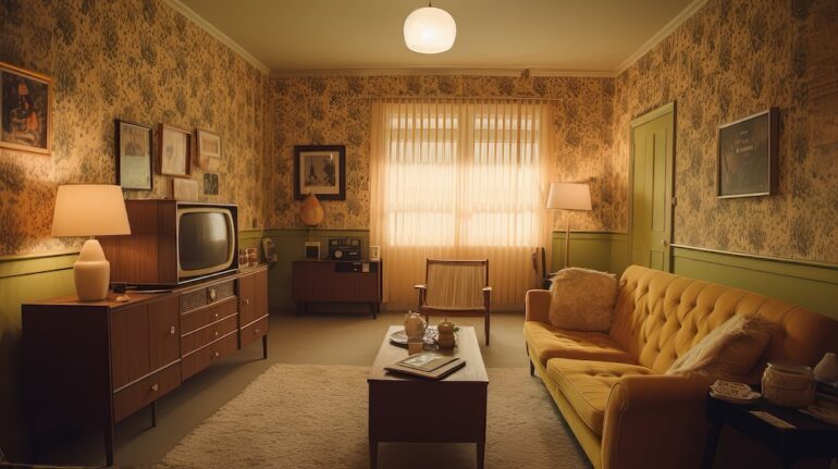Outdated home decor in a mid-century living room. Retro wallpaper, furniture, and curtains.